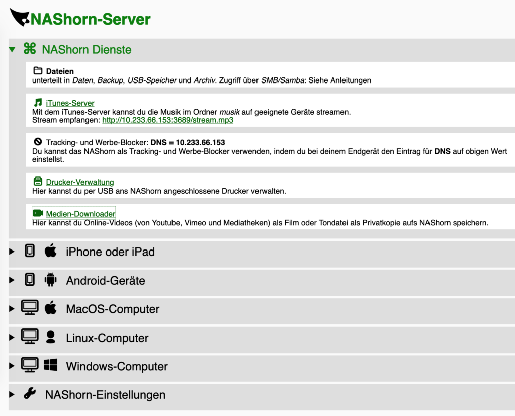 Oberfläche des Webfrontends
